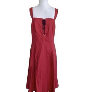RALPH LAUREN Dress Cranberry Red 100% Linen Pockets Navy Lace, Zipper Sz 14 NEW